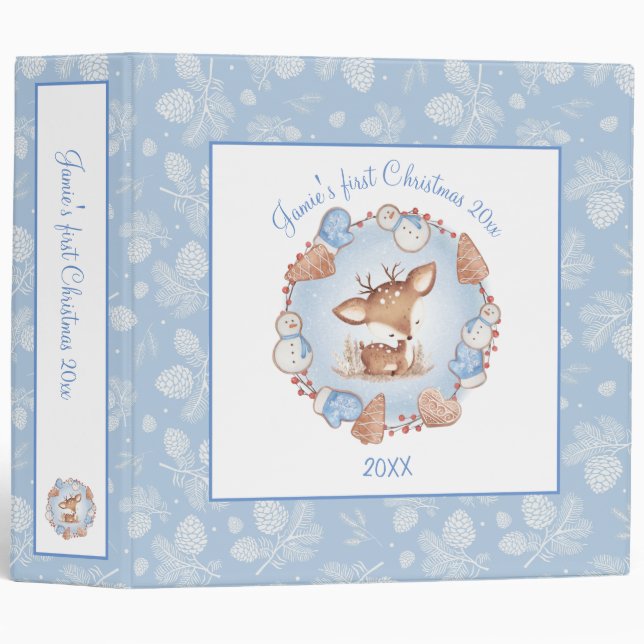 Cute Deer Blue Pine Cone Christmas Photo Album Binder (Front/Spine)