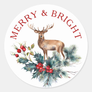 Cute deer & Christmas holly wreath Classic Round Sticker