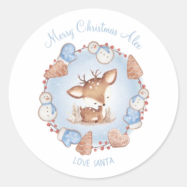 Cute Deer Christmas Stickers Blue Name (Front)