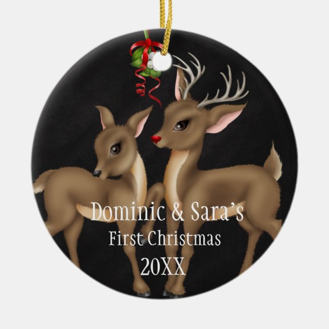 Cute Deer Couple First Christmas Ornament (Front)