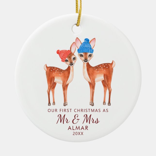Cute Deer Couple Personalized Mr Mrs Newlyweds Ceramic Ornament (Front)