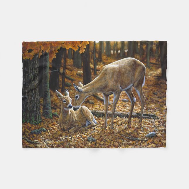 Cute Deer Doe & Fawn Autumn Fleece Blanket (Front (Horizontal))