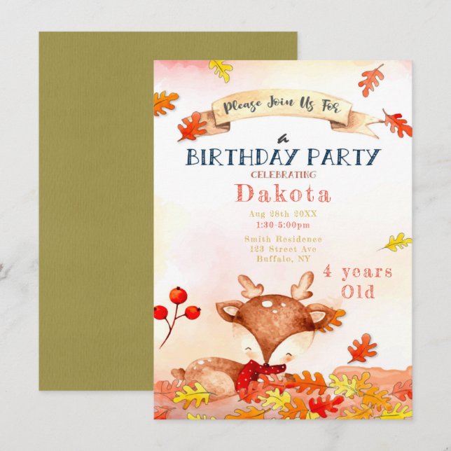 Cute Deer Fall Autumn Birthday Party Invitations  (Front/Back)