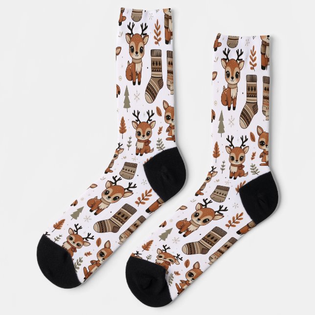 Cute Deer Fall Socks – Cozy Leaf Pattern Design (Left)