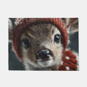 Cute Deer Fawn in Knitted Hat and Scarf Doormat