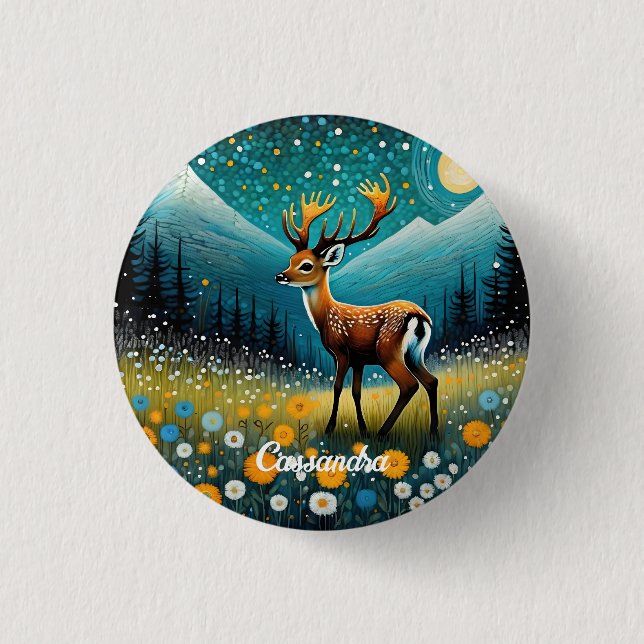 Cute Deer Flowers Meadow Fantasy 1 Inch Round Button (Front)