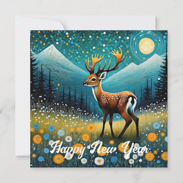 Cute Deer Flowers Meadow Fantasy Holiday Card (Front)