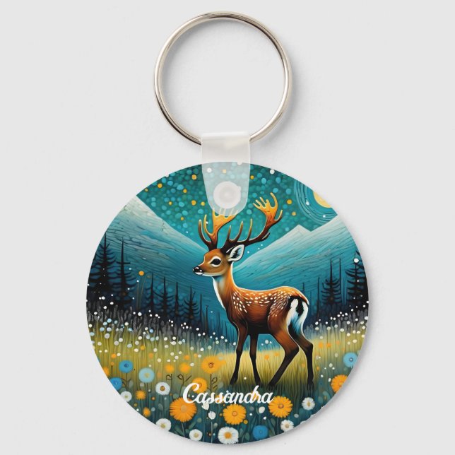 Cute Deer Flowers Meadow Fantasy Keychain (Front)