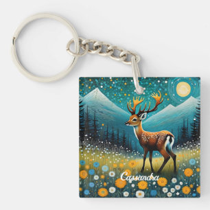 Cute Deer Flowers Meadow Fantasy Keychain