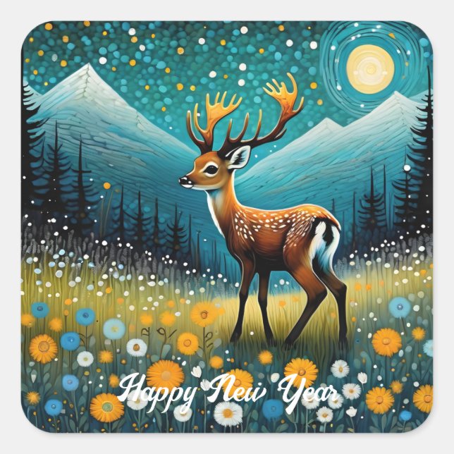 Cute Deer Flowers Meadow Fantasy New Year Square Sticker (Front)