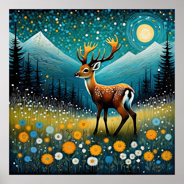 Cute Deer Flowers Meadow Fantasy  Poster (Front)