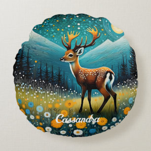 Cute Deer Flowers Meadow Fantasy Round Pillow
