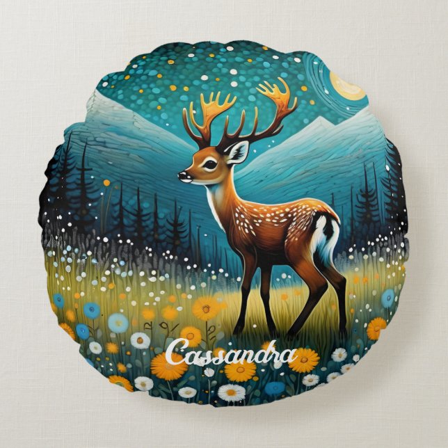 Cute Deer Flowers Meadow Fantasy Round Pillow (Front)