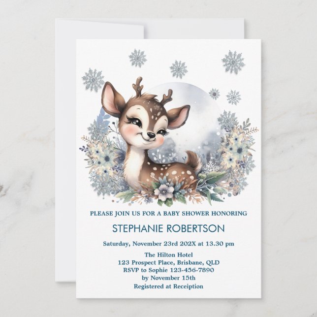 Cute deer forest winter woderland watercolor art invitation (Front)