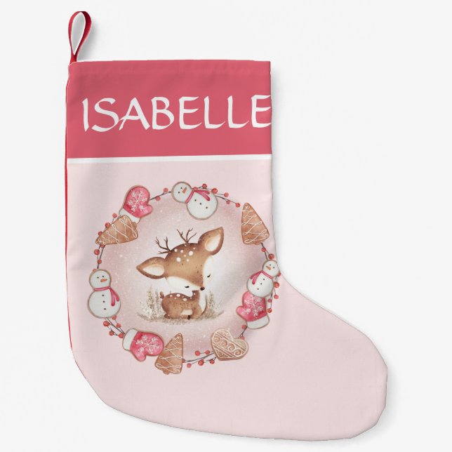 Cute Deer Gingerbread Pink Christmas Stocking  (Front)