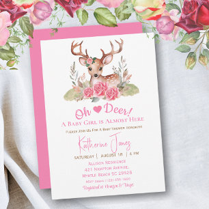 Cute Deer Girl Watercolor Floral Baby Shower Invitation
