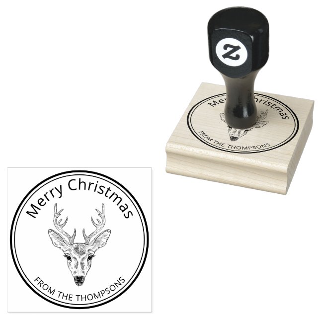 Cute Deer Head Line-Art Design Merry Christmas Rubber Stamp (Stamped)