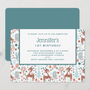 Cute Deer in Whimsical Forest Pattern Birthday Invitation
