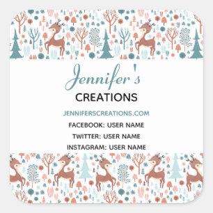 Cute Deer in Whimsical Forest Pattern Business Square Sticker