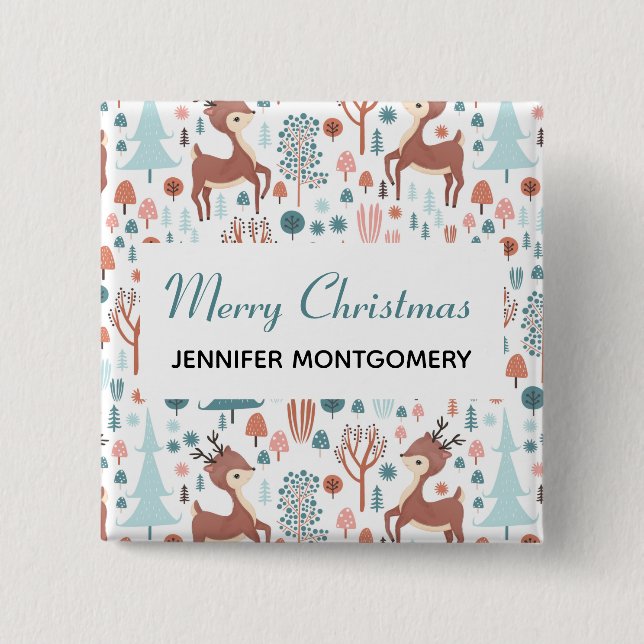 Cute Deer in Whimsical Forest Pattern Christmas 2 Inch Square Button (Front)