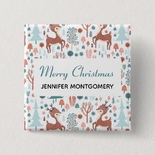 Cute Deer in Whimsical Forest Pattern Christmas 2 Inch Square Button