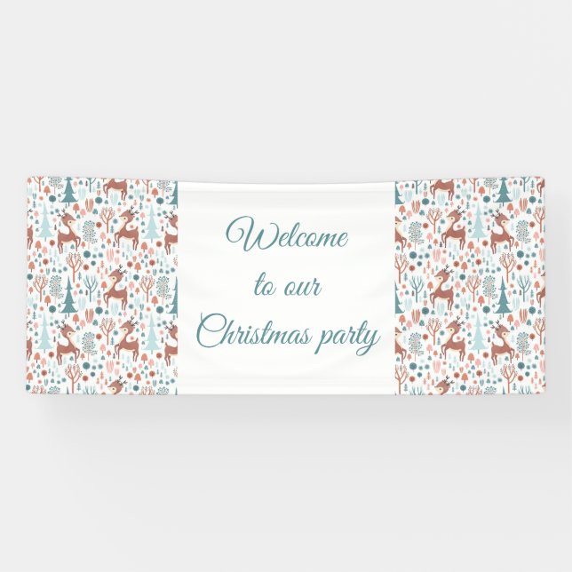 Cute Deer in Whimsical Forest Pattern Christmas Banner (Horizontal)