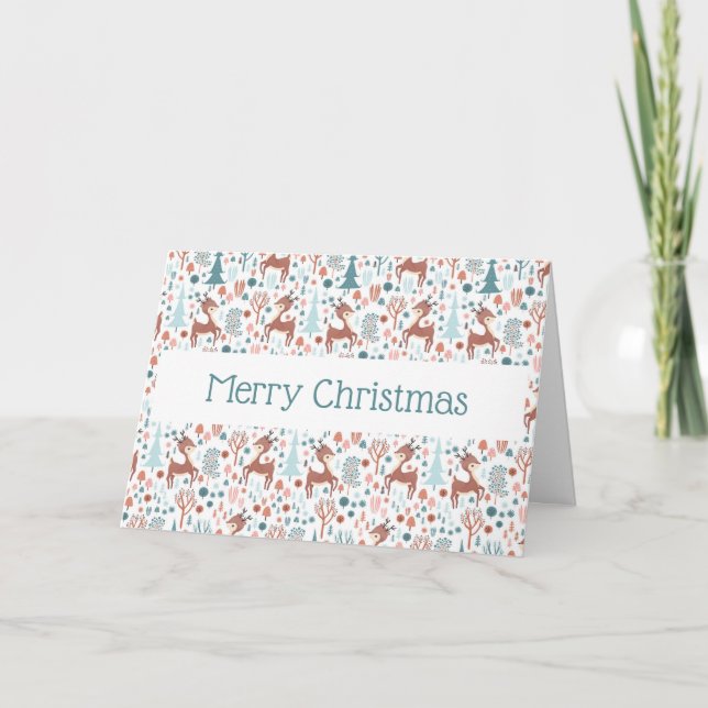 Cute Deer in Whimsical Forest Pattern Christmas Card (Front)