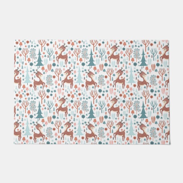 Cute Deer in Whimsical Forest Pattern Christmas Doormat (Front)