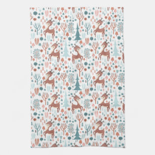 Cute Deer in Whimsical Forest Pattern Christmas Kitchen Towel