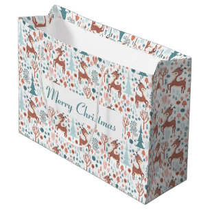 Cute Deer in Whimsical Forest Pattern Christmas Large Gift Bag
