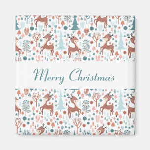 Cute Deer in Whimsical Forest Pattern Christmas Magnet