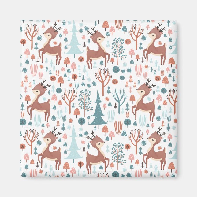 Cute Deer in Whimsical Forest Pattern Christmas Magnet (Front)