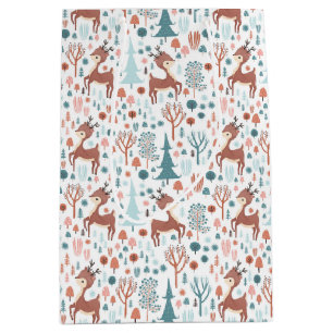 Cute Deer in Whimsical Forest Pattern Christmas Medium Gift Bag