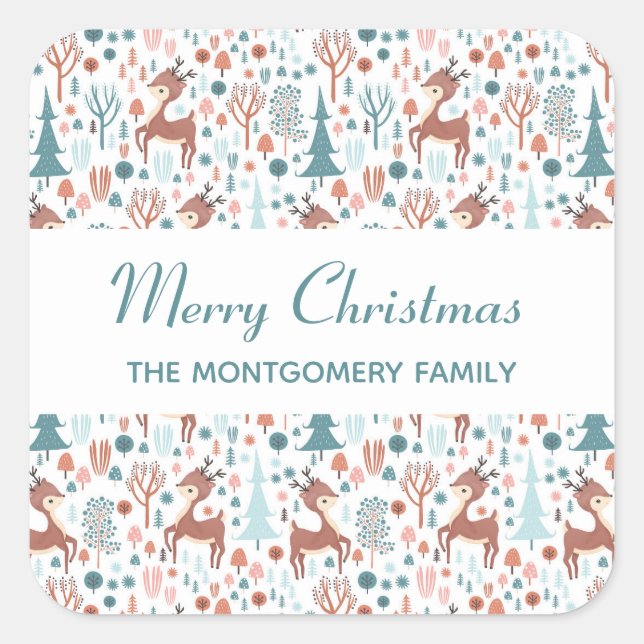 Cute Deer in Whimsical Forest Pattern Christmas Square Sticker (Front)
