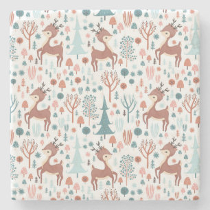 Cute Deer in Whimsical Forest Pattern Christmas Stone Coaster