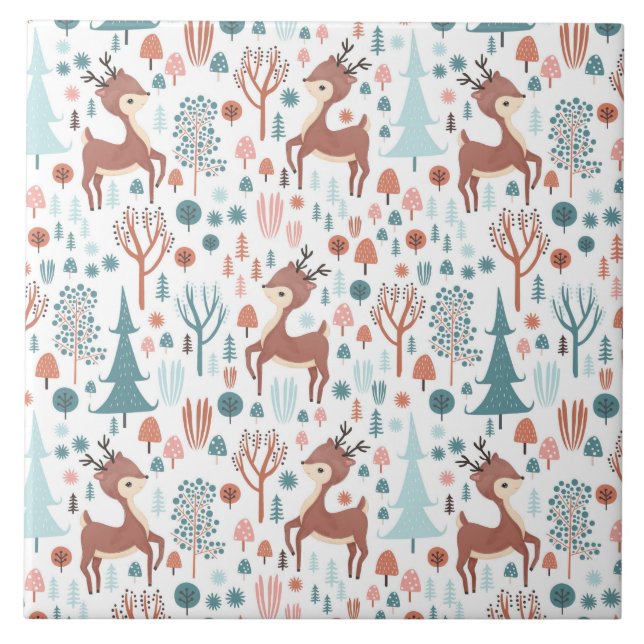 Cute Deer in Whimsical Forest Pattern Christmas Tile (Front)