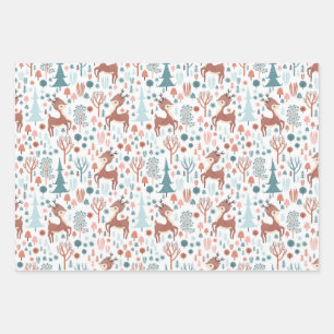 Cute Deer in Whimsical Forest Pattern Christmas Wrapping Paper Sheet