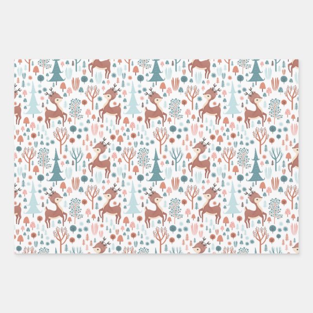 Cute Deer in Whimsical Forest Pattern Christmas Wrapping Paper Sheet (Front)