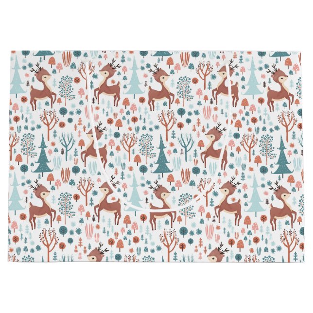Cute Deer in Whimsical Forest Pattern Large Gift Bag (Front)