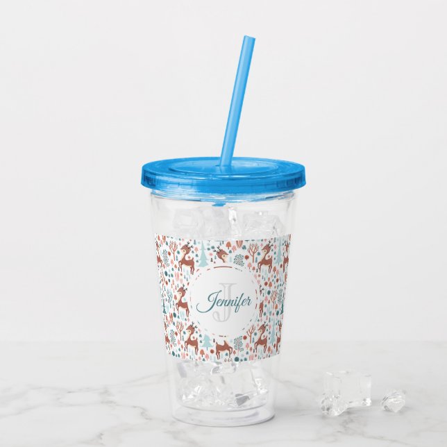 Cute Deer in Whimsical Forest Pattern Monogram Acrylic Tumbler (Back Ice)