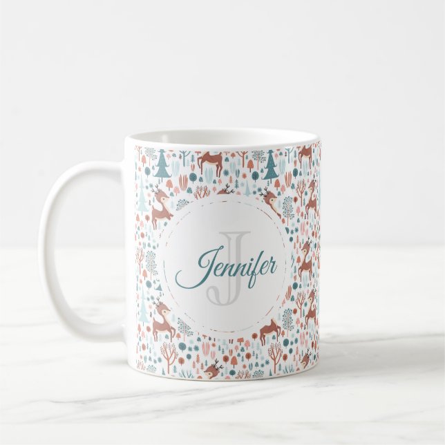 Cute Deer in Whimsical Forest Pattern Monogram Coffee Mug (Left)