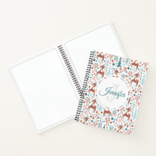 Cute Deer in Whimsical Forest Pattern Monogram Notebook