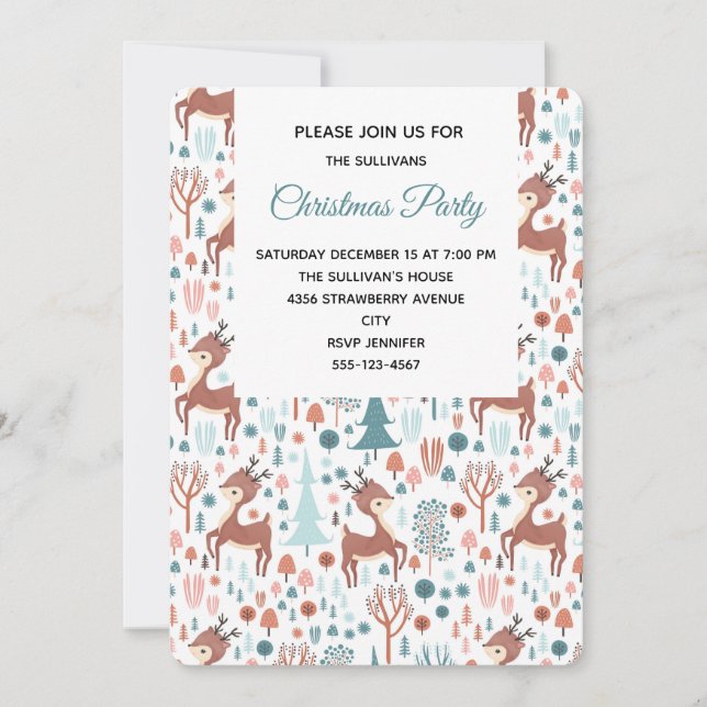 Cute Deer in Whimsical Forest Pattern Party Invitation (Front)