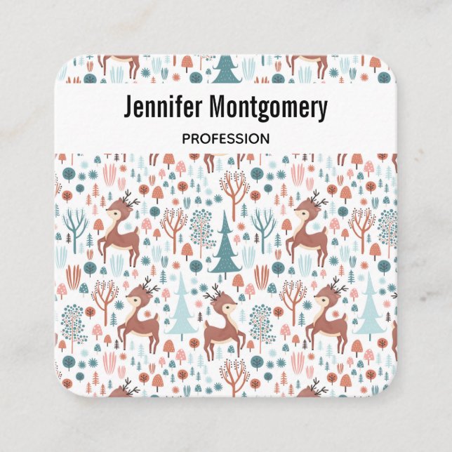Cute Deer in Whimsical Forest Pattern Square Business Card (Front)