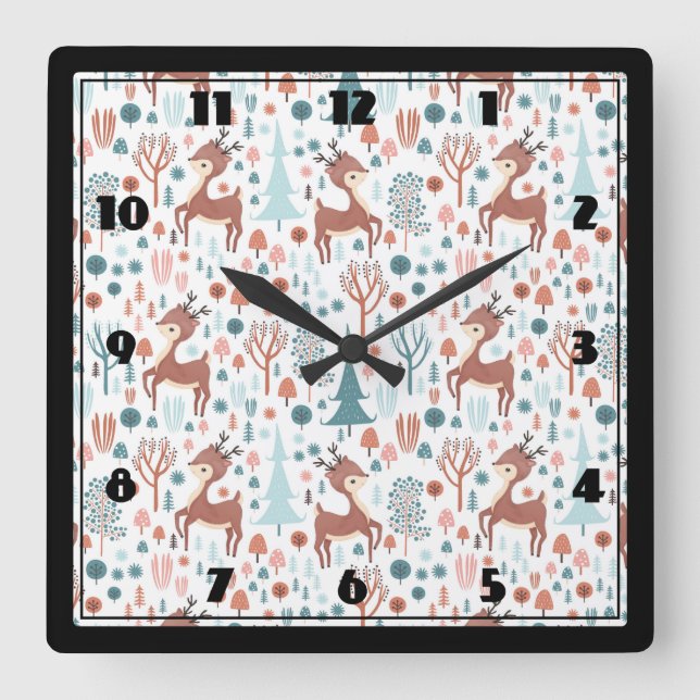 Cute Deer in Whimsical Forest Pattern Square Wall Clock (Front)