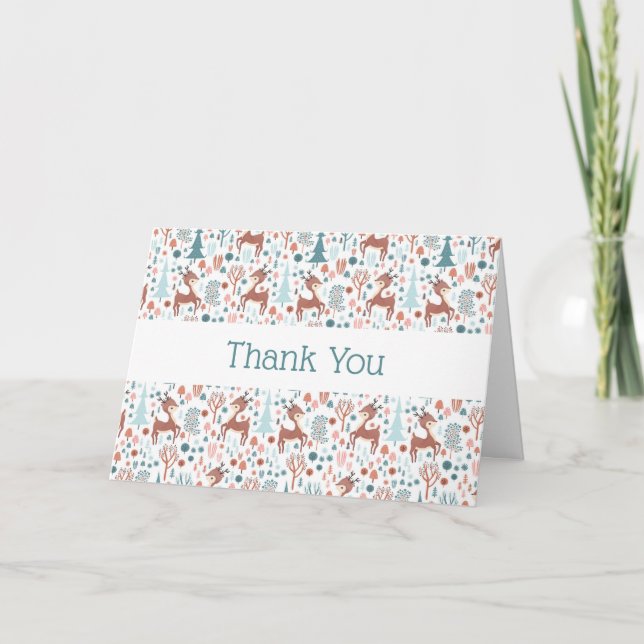 Cute Deer in Whimsical Forest Pattern Thank You Card (Front)