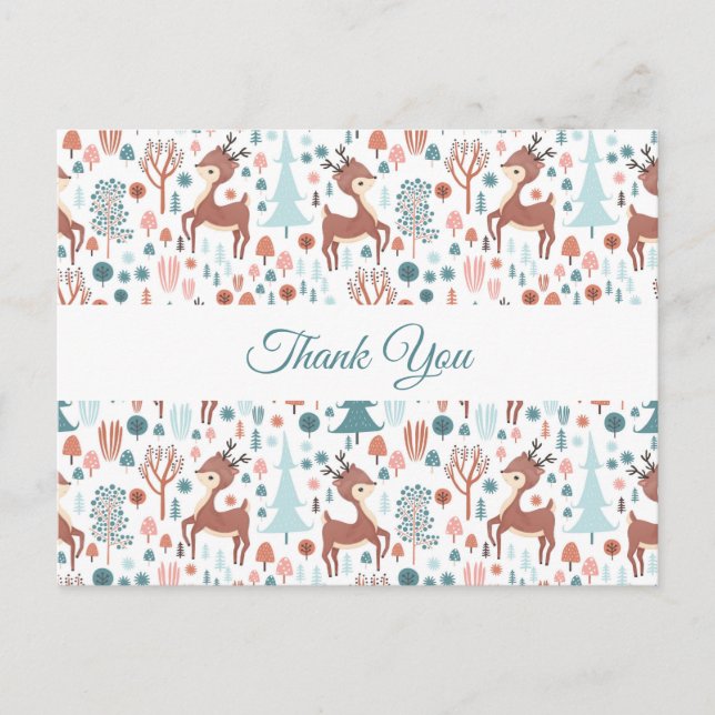 Cute Deer in Whimsical Forest Pattern Thank You Postcard (Front)