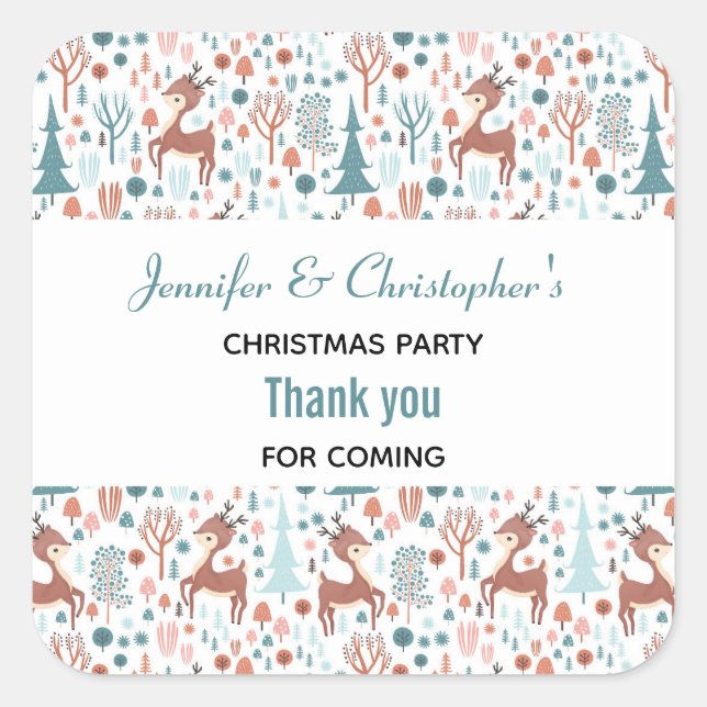 Cute Deer in Whimsical Forest Pattern Thank You Square Sticker (Front)