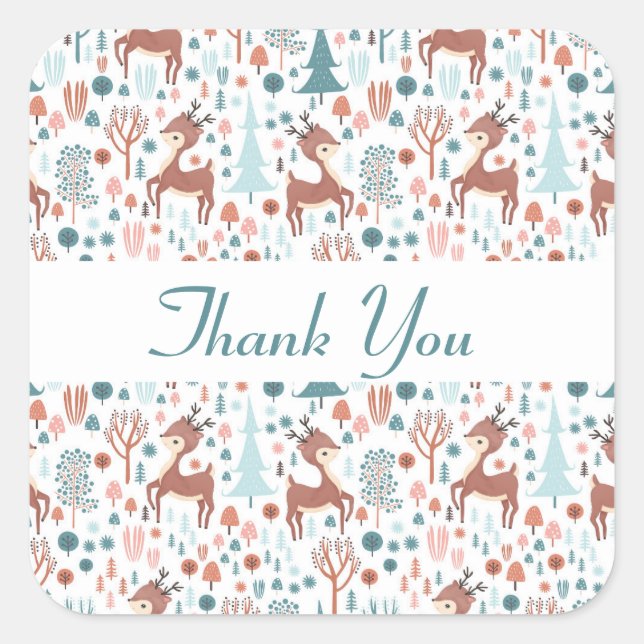  Cute Deer in Whimsical Forest Pattern Thank You Square Sticker (Front)