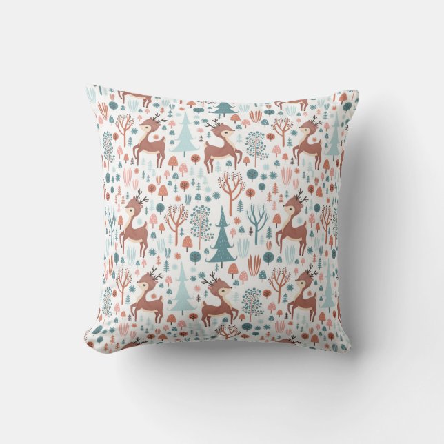 Cute Deer in Whimsical Forest Pattern Throw Pillow (Front)